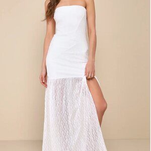 Lulus Dreamy Sunsets Ivory Lace Strapless Midi Dress